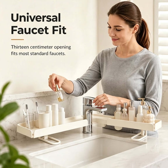 Snmubt Bathroom Sink Shelf Over Faucet, White No Drill Folding Metal Storage Rack with Adjustable Supports, Sink Organizer for Vanity and Countertop