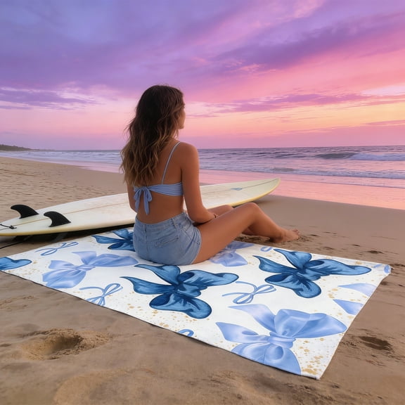 Snmubt Blue Bow Print Microfiber Beach Towel, Quick-Dry Super Absorbent Sand-Repellent Towel, Lightweight Travel Bath Towel for Pool