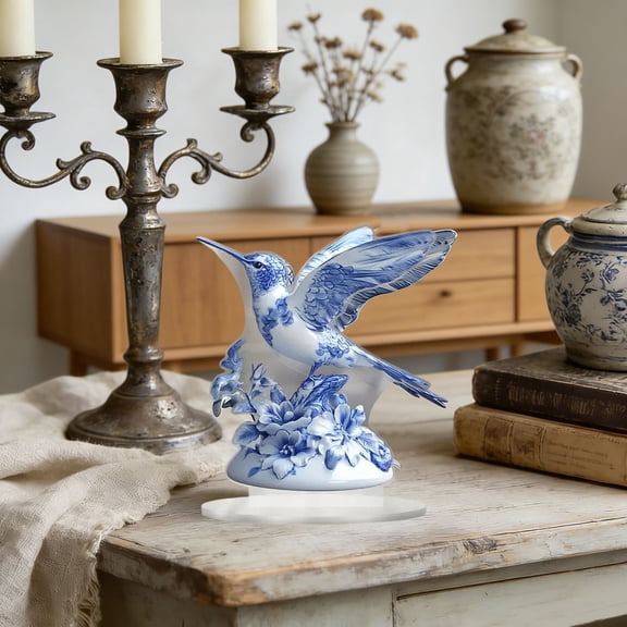 Snmubt Blue and White Porcelain Hummingbird Figurine, 2D Acrylic Desktop Ornament for Office Bedroom, Elegant Bird Statue with Clear Base, Home Decor Gift