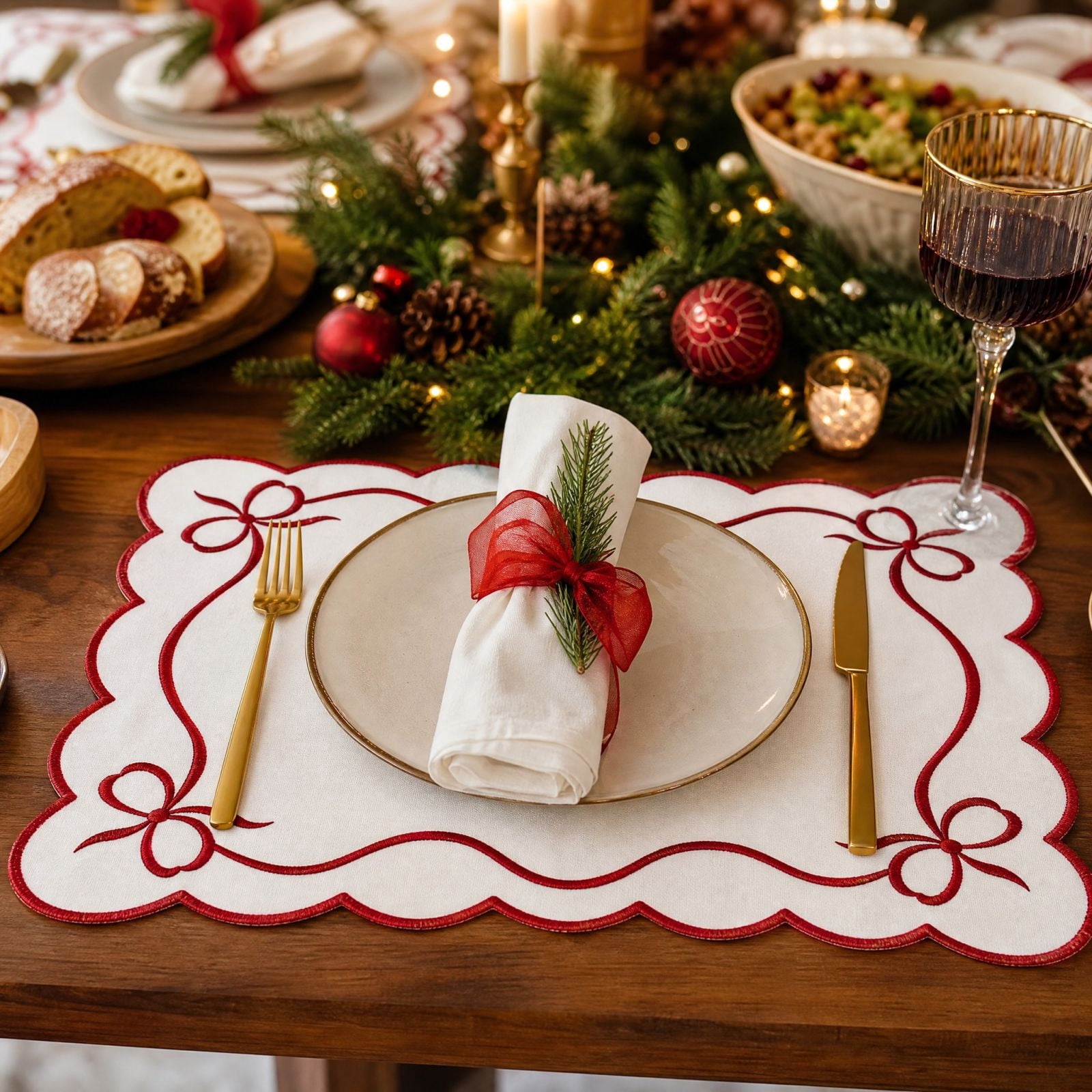 Table Math Linen Snmubt Bow Placemat, Red Linen Embroidered Table Mat with Scalloped ...