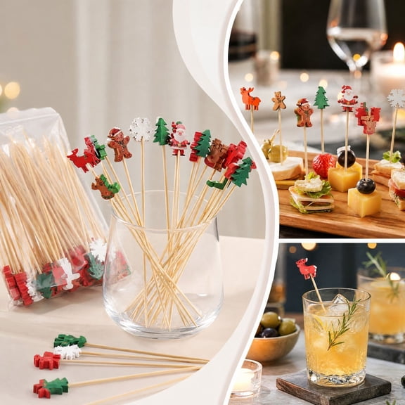 Snmubt Christmas Cocktail Picks, Bamboo Drink Garnish Skewers with Festive Toppers for Desserts, Fruit, Appetizers and Holiday Party Serving