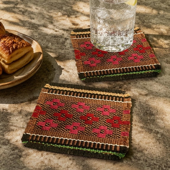 Snmubt Coffee Vintage Woven Cup Mat, Bohemian Heat Block Fabric Coaster for Coffee Tea, Retro Table Pad for Home Decor, 11x11cm