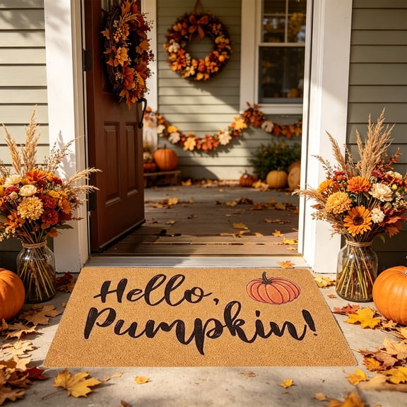 Snmubt Cute Pumpkin Face Doormat for Halloween, PVC Loop Pile Rug for Front Door Entry, Non-Slip Orange Floor Mat for Fall Thanksgiving Decor
