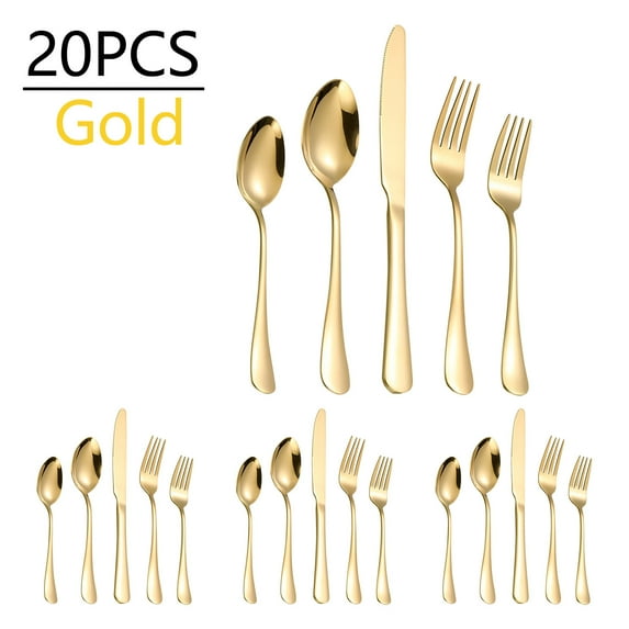 Snmubt Cutlery Set 20PCS Stainless Steel 4-person Set Fork Spoon Cutlery Set Modern Design with Edges (Gold)