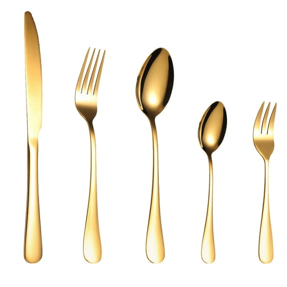 Snmubt Cutlery Set 5-piece Stainless Steel Cutlery Set Knife Spoon and Fork Set Cutlery Set Mirror Polished Smooth Edges Hand Wash Recommended (Gold)
