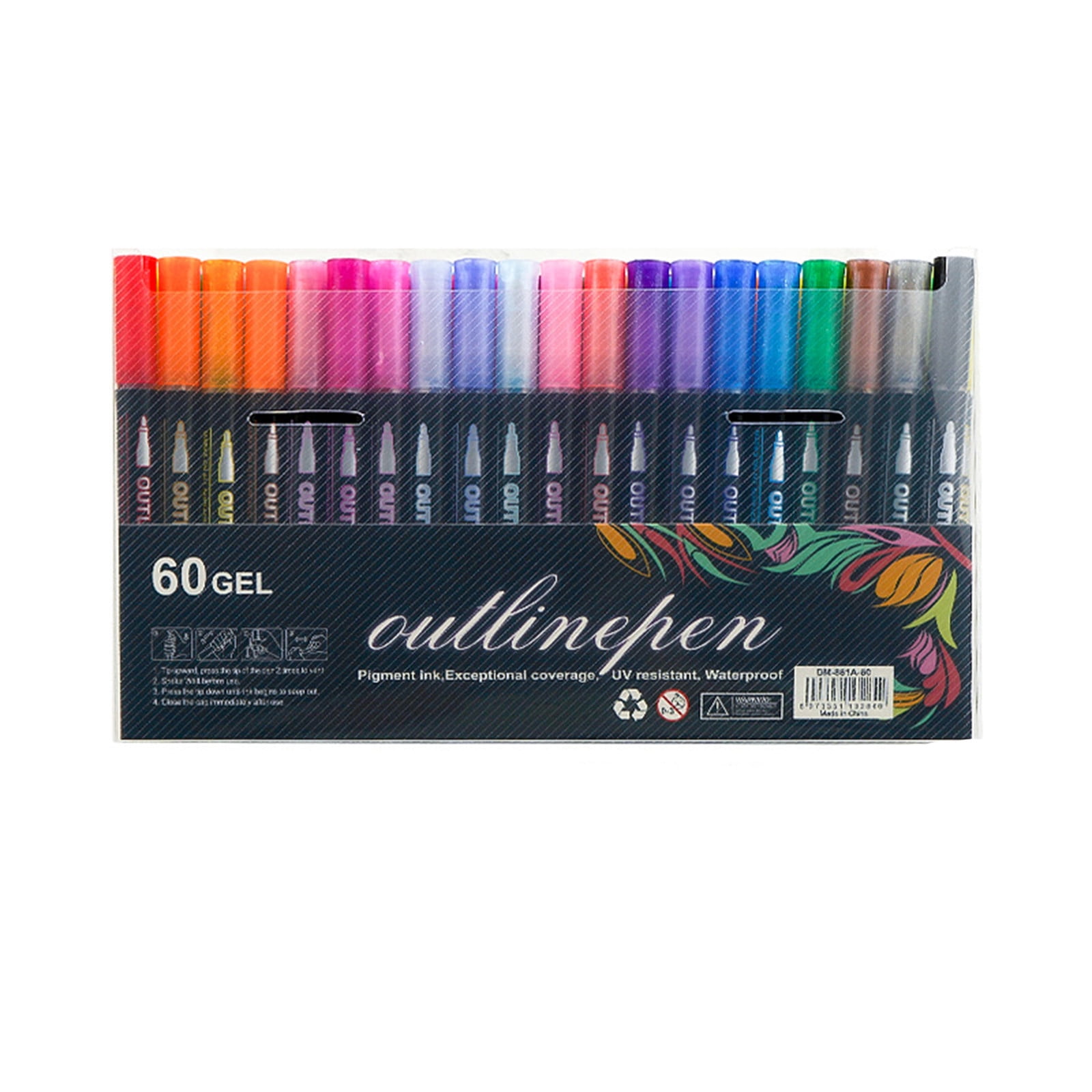 Snmubt Double Line Outline Markers, 60 Colors Set, Metallic Glitter Pens for Highlighting, Flash Markers for Guest Book DIY Scrapbooking