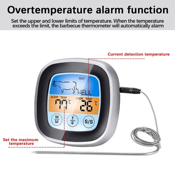 Snmubt Electronic Grill ThermometerTimer TouchGrill ThermometerKitchen Color Screen Food Food Meat Alarm (C)