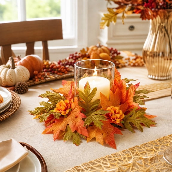 Snmubt Fall Candle Rings, 9.84in Orange Chrysanthemum Maple Leaf Accent, Small Fall Wreath for Fall Candle Holders and Dining Table Decor