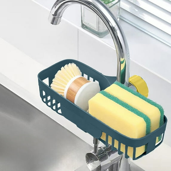 Snmubt Faucet Shelf Kitchen Sink Drainage Rack Dishwashing Rag Sponge Sink Organizer (Blue, Plastic)