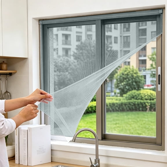 Snmubt Gray Self Adhesive Window Screen Mesh, No Drill Insect Mosquito Net, Adjustable Window Net for Home Kitchen Bedroom, 150x130cm