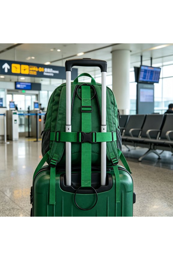 Green Luggage Strap, Adjustable Suitcase Add-a-Bag Holder, Elastic Handle Wrap for Travel, Hands-Free Carry-On Accessory for Backpack