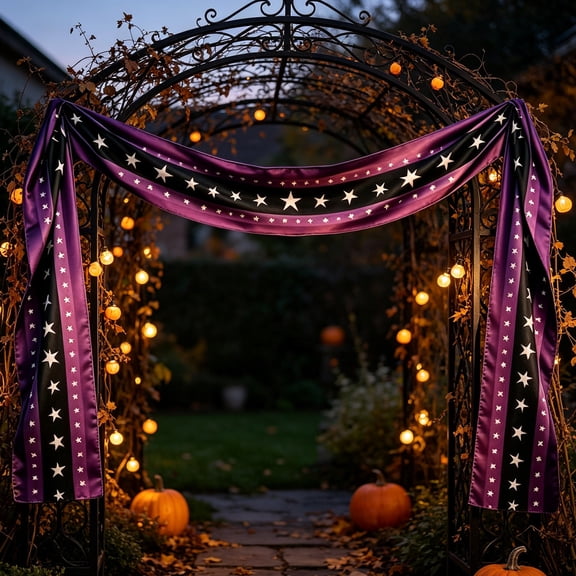 Snmubt Halloween Black Purple Pentagram Flag, 6 Meter Long Bunting Banner with Star Print, Cloth Outdoor Decor for Courtyard Gate Arch Party