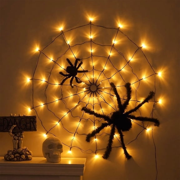 Snmubt Halloween Spider Web String Lights in Yellow, LED Glowing Cobweb Decoration, Battery Operated Light for Party Wall Decor