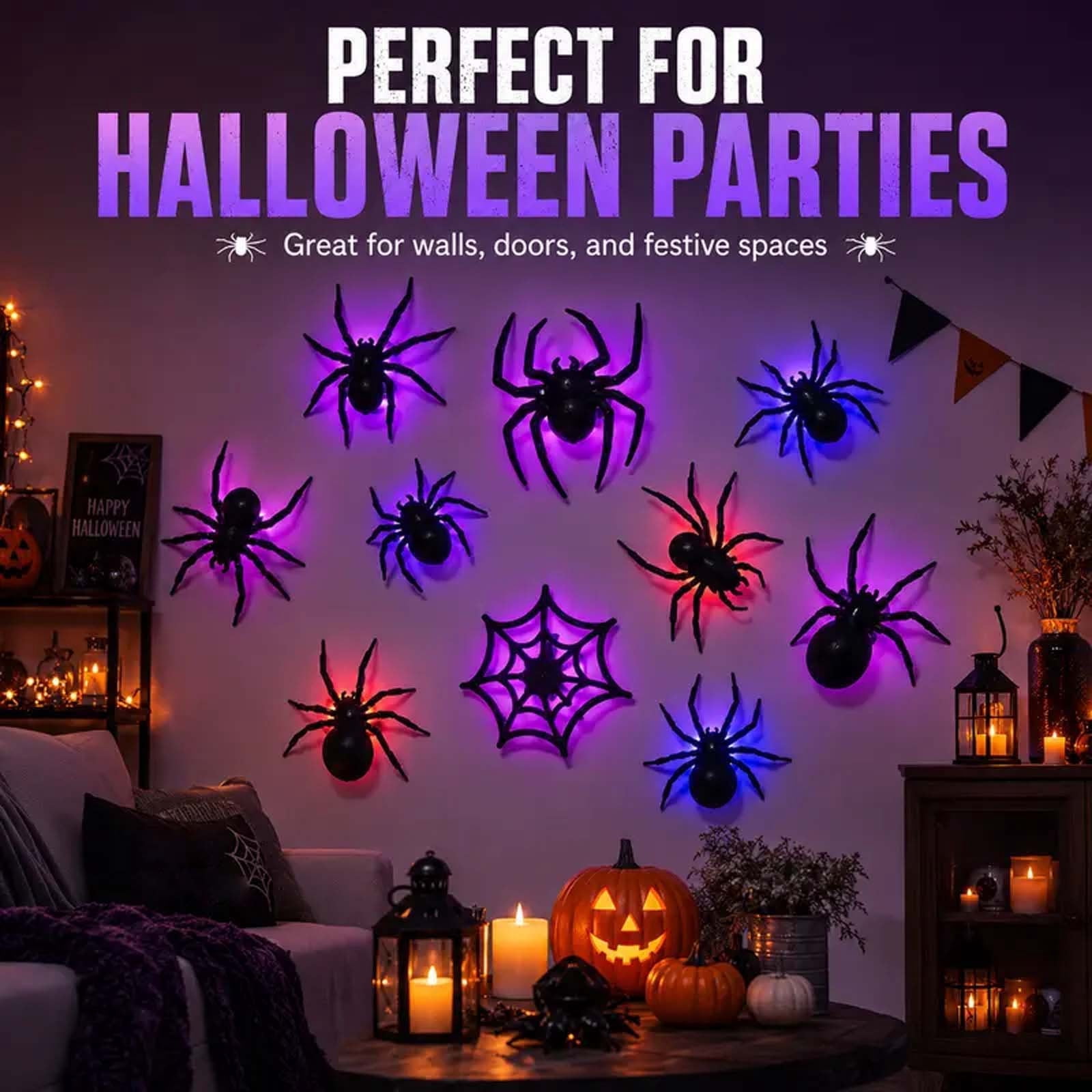 Snmubt LED Spider Wall Decorations, 18 Piece Flashing Spider Set ...
