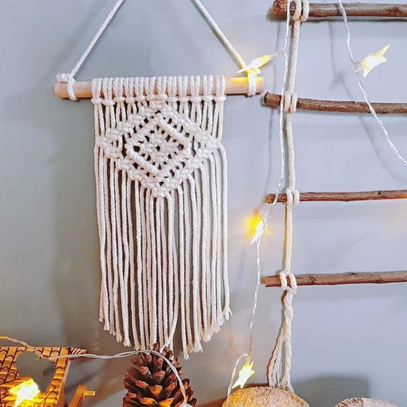 Snmubt Macrame Woven Wall Hanging, Boho Tassel Dream Catcher with String Lights, Handmade Cotton Rope Art for Bedroom, Living Room, or Dorm Door Decor