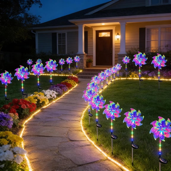 Snmubt Magical Holographic Solar Windmill Light Set, 2 Pack 70cm LED Color Changing Garden Yard Art, Outdoor Pathway Stake Lights for Patio Backyard