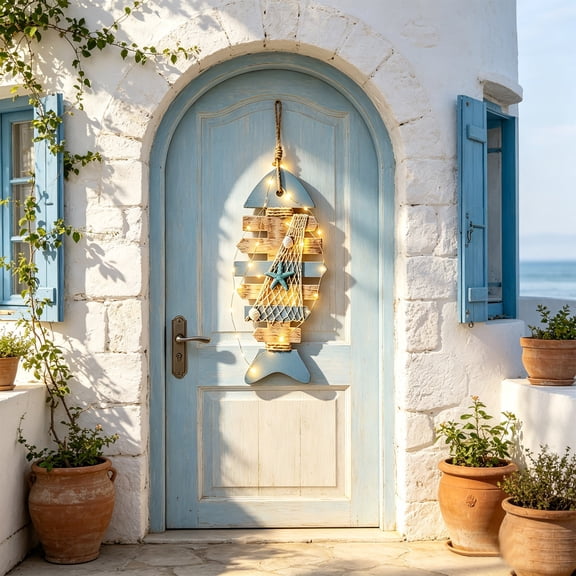 Snmubt Mediterranean Wooden Fish Bone Hanging Pendant with LED Lights, Nautical Wall Decor for Beach House Bathroom and Coastal Home