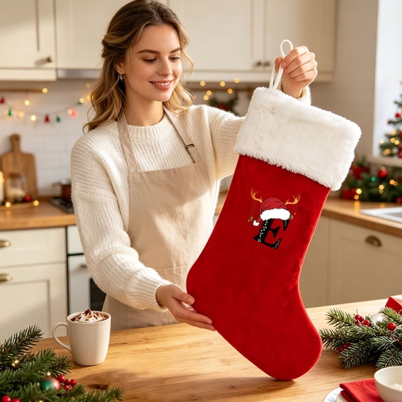 Snmubt Personalized Initial Christmas Stocking, Large Red Velvet Hanging Sock with Santa Hat and Reindeer Design