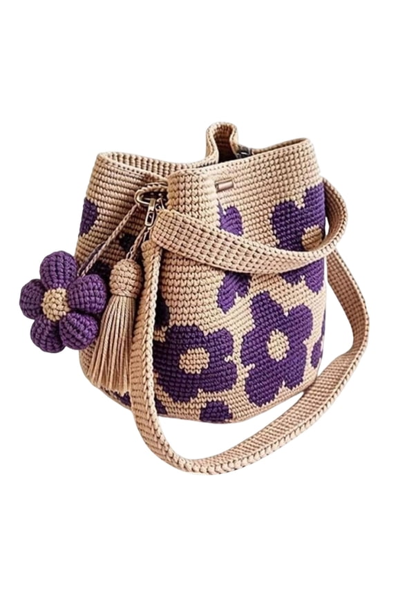 Purple Crochet Mesh Tote Bag, Handmade Boho Knitted Flower Shoulder Handbag, Cute Crossbody Purse for Vacation, Gift for Women Girls