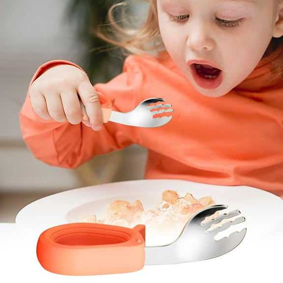 Snmubt Short Handled Fork Spoon 316 Stainless Steel Elbow Training for Children's Tableware Learning to Spoons and Complementary Food (C)
