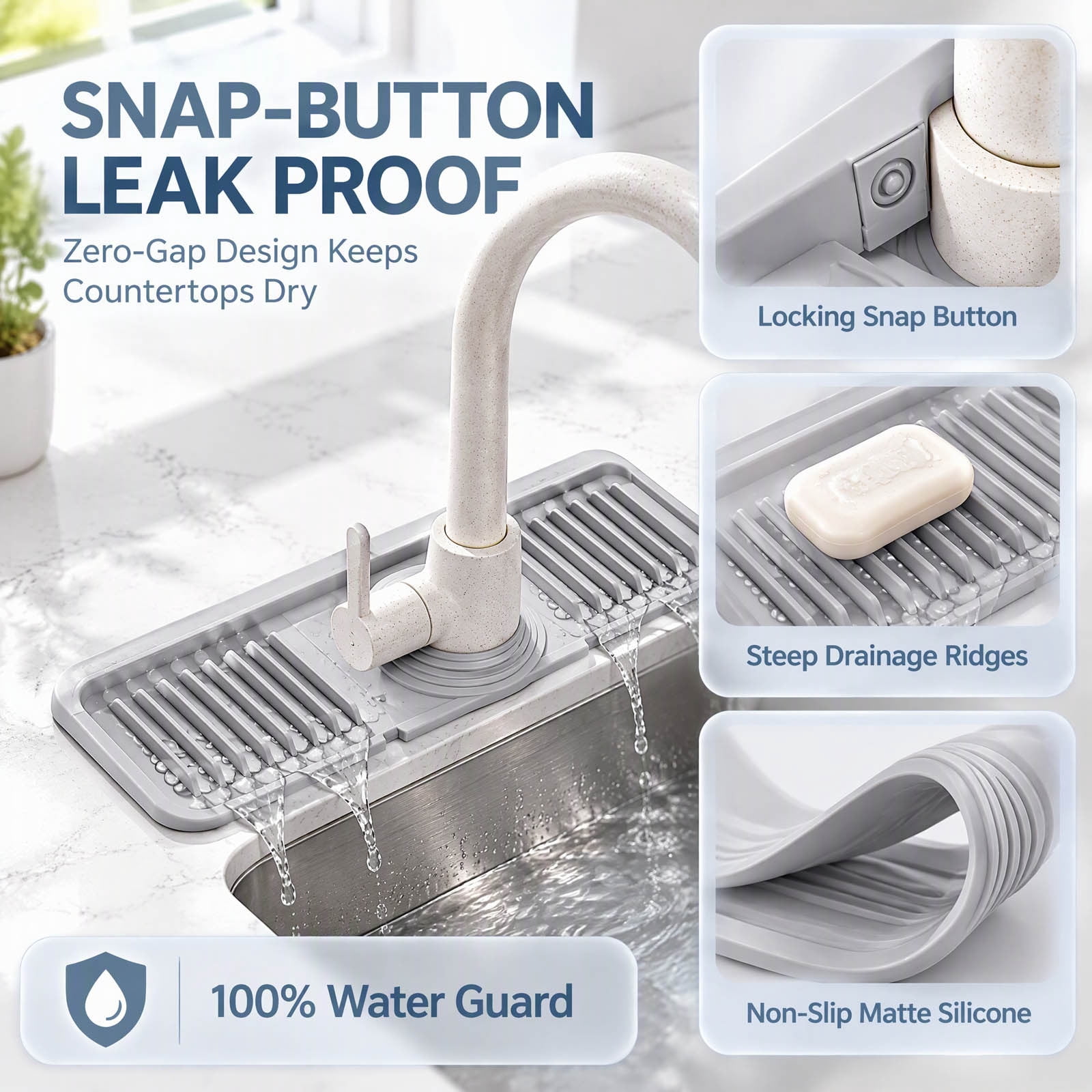 Snmubt Silicone Faucet Mat, Grooved Draining Surface with a Snap Button ...