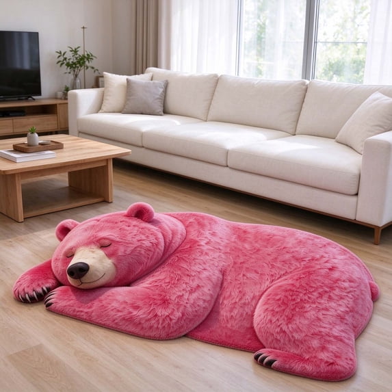 Ear Rug Snmubt Sleeping Bear Floor Mat, Pink Bear Print on Diatomaceous Earth ...