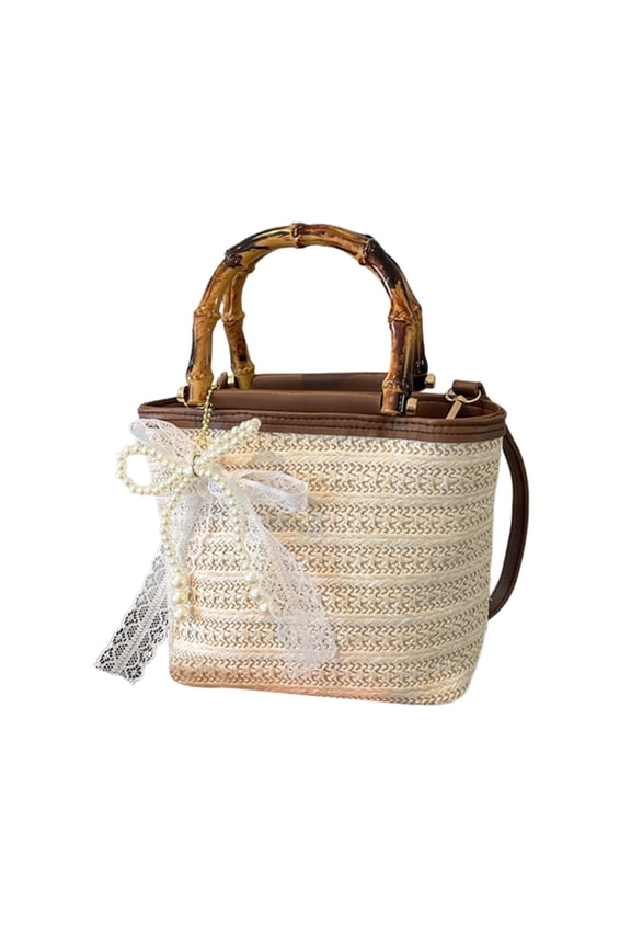 Summer Stylish Knot Woven Bamboo Handle Bucket Bag, Handmade Casual Shoulder Purse, Beach Vacation Travel Holiday Tote for Women, Beige D