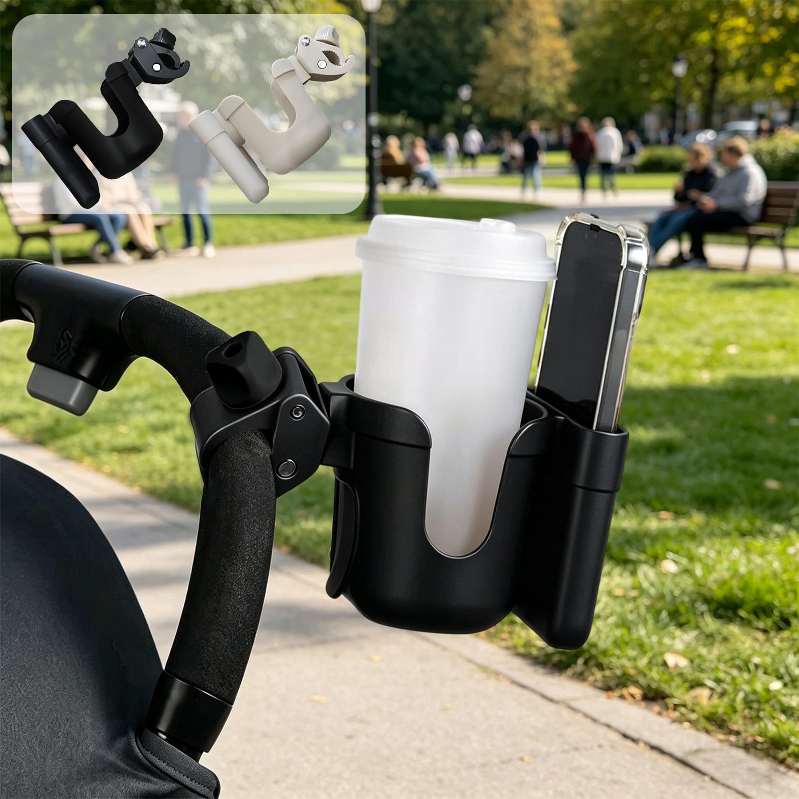 Snmubt Universal Stroller Cup Holder, 2-in-1 Phone Holder with 360° Rotation, Drinks and Cellphone Stand for Stroller (White)