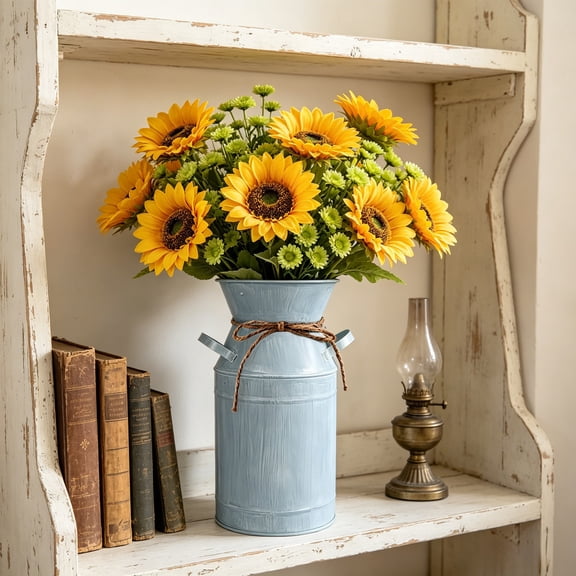 Snmubt Vintage Iron Metal Flower Vase Bucket, Rustic Decorative Pail for Artificial Dry Branches Centerpieces for Kitchen Living Room Home Shelf Decor, Blue
