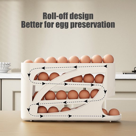 Snmubt White Auto Rolling Egg Dispenser, Stackable Refrigerator Door Storage Rack with 30 Capacity, Countertop Holder for Kitchen Organization, White