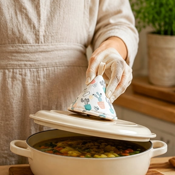 Snmubt White Triangle Pot Holder Cover, 2-in-1 Heat Resistant Pot Lid Handle Grip, Cotton Polyester Fabric with Hanging Loop, for Cast Iron Casserole