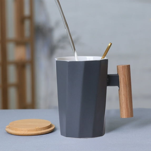 Snmubt Wood Handle Ceramic Mug Office Mugs Holiday Event Gift Mugs (Blue)