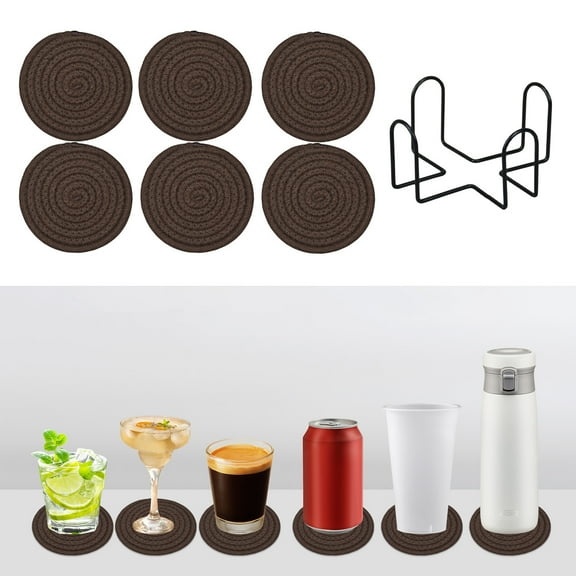 Snmubt Woven Cotton Placemats Set of 6 - 4.33inch, Antis Scald Table Insulating Mats Round Household Coasterss and Non Slip Bowl Mats with Storage Bracket (Coffee)