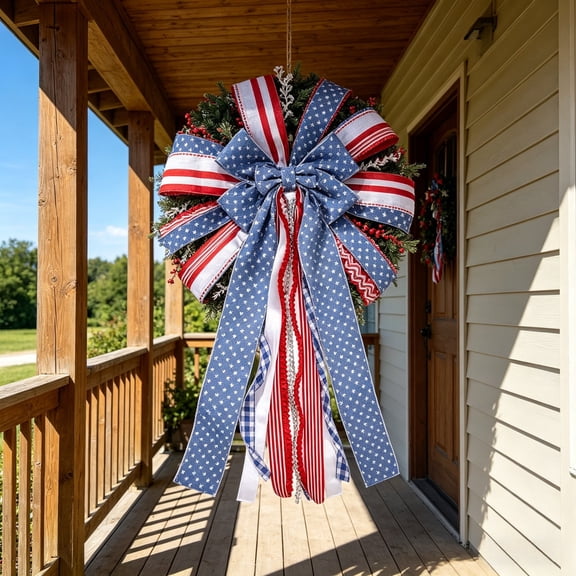 Snmubt Wreath Bow Decoration, Five Pointed Star Stripe Pendant, 4th of July Independence Day Patriotic Decor, Hanging Ornament for Door and Wreath
