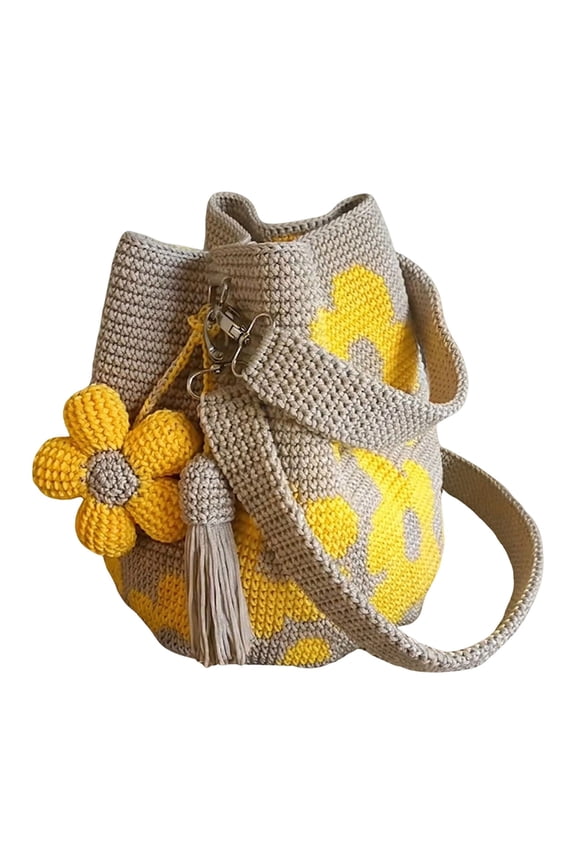 Yellow Crochet Flower Handbag, Boho Handmade Mesh Knit Shoulder Tote Purse, Cute Granny Square Bag for Summer Beach, Gift for Women