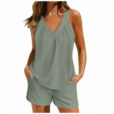 SnnmBlm 2 Piece Lounge Sets for Women Soft Comfy Pajama V Neck Cami Pj Shorts Set with Pocket Summer Camisole Cute Sleepwear Light Green L