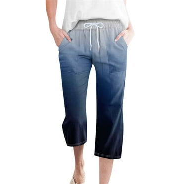 SnnmBlm Capri Pants for Women Casual 2024 Summer Drawstring Elastic High Waist Linen Pants Wide Leg Plus Size Lounge Capris Navy XXL