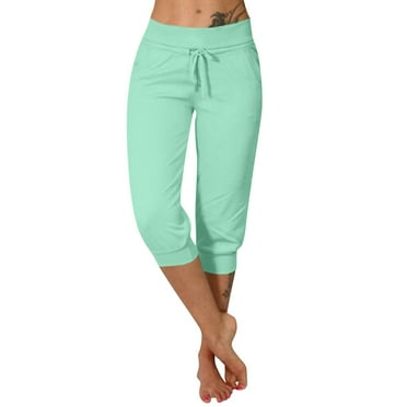 SnnmBlm Capri Pants for Women Summer Casual Drawstring Elastic Causal Yoga Sweat Pants Workout Joggers with Pockets Mint Green S