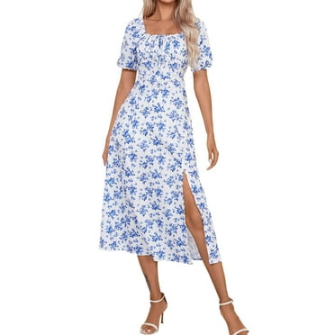 SnnmBlm Casual Womens Summer Short Sleeve Square Neck Split Midi Dresses Blue L