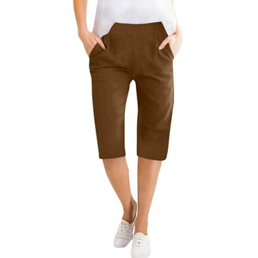 SnnmBlm Cotton And Linen Loose Casual Elastic Waist Shorts Side Pocket Shorts Brown L
