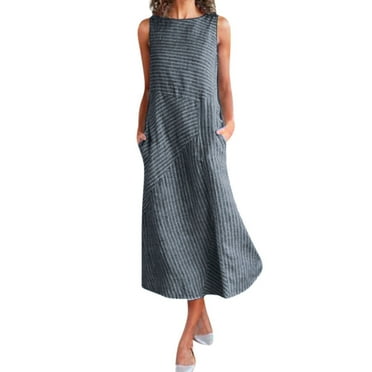 SnnmBlm Cotton Linen Dress for Women Summer Sleeveless Striped Casual Crewneck Baggy Flowy Maxi Dresses Navy L