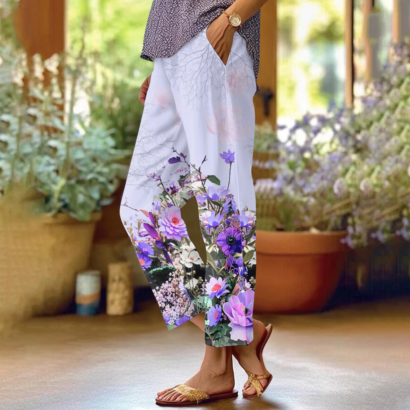 Loose Purple Pockets High Waist Linen Crop Pants Summer main image 1
