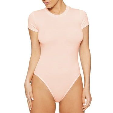 SnnmBlm Dressy Bodysuits for Women Short Sleeve Tummy Control Lightweight Body Suits Slim Fit Solid Color Basic Scoop Neck Casual Going Out Tops Pink L