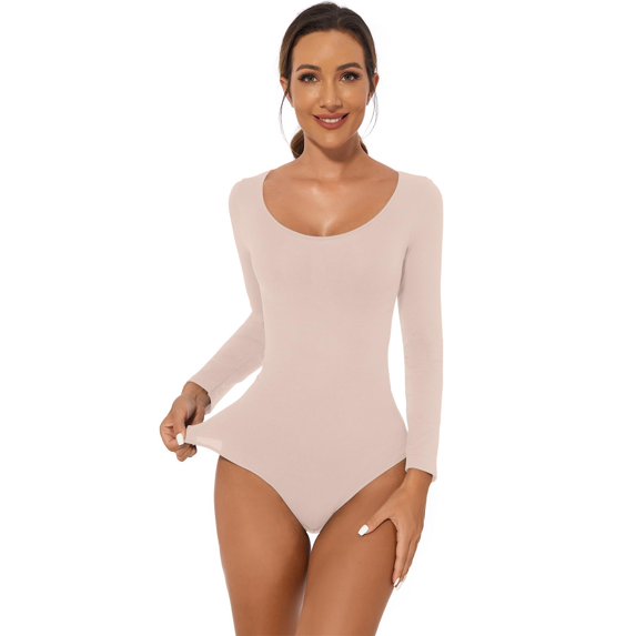 SnnmBlm Dressy Bodysuits for Women Long Sleeve Slim Fit Basic Body Suit Tummy Control Solid Color Fasion Scoop Neck Skims Shapewear Beige S