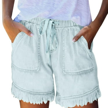 SnnmBlm Elastic Waist Solid Color Casual Slimming Denim Shorts For Women's Hot Pants Light Blue XS
