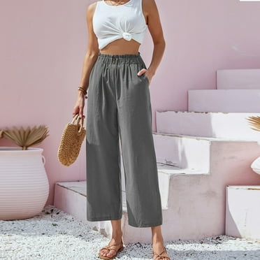 SnnmBlm High Waisted Linen Pants for Women Summer Wide Leg Capris Lightweight Casual Drawstring Trousers Palazzo Pants Gray S