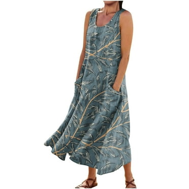 SnnmBlm Maxi Dress for Women Cotton Linen Floral Print Casual Long Dress Flowy Sleeveless Round Neck Dresses with Pockets Dark Blue 4XL