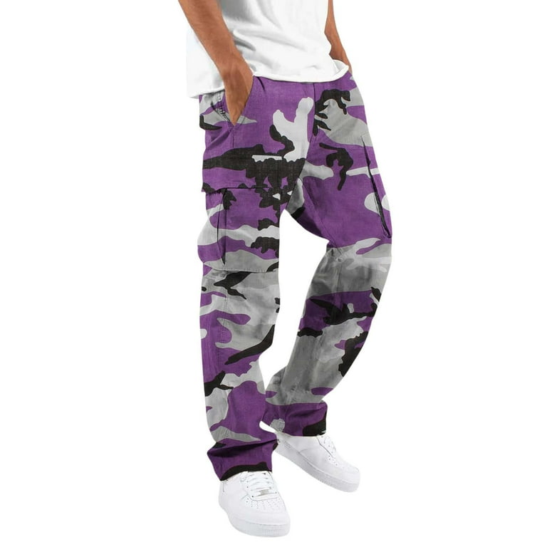 SnnmBlm Men s Camo Print Drawstring High Waist Cargo Pants Streetwear Joggers with Pockets Purple XL