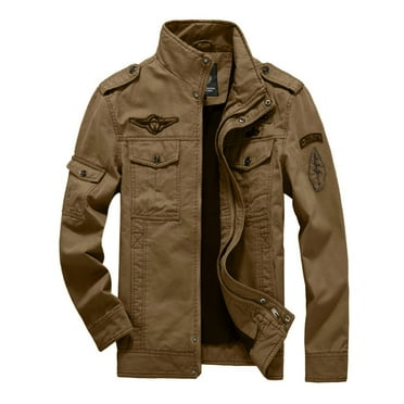 SnnmBlm Men's Cotton Lightweight Multi Pockets Zip Front Stand Collar Jackets Windbreaker Khaki 4XL