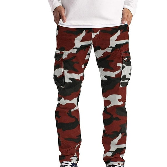 SnnmBlm Men's Cargo Pants Casual Army Camo Relaxed Fit Cotton Camouflage Cargo Work Pants Wine 2XL